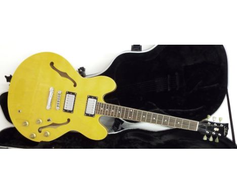 Tokai ES335 style hollow body electric guitar, made in Korea, blonde finish with light surface wear, missing pickguard, elect