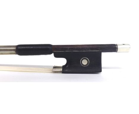 English silver mounted violin bow by and stamped W.E. Hill & Sons England, the stick octagonal, the ebony frog inlaid with si