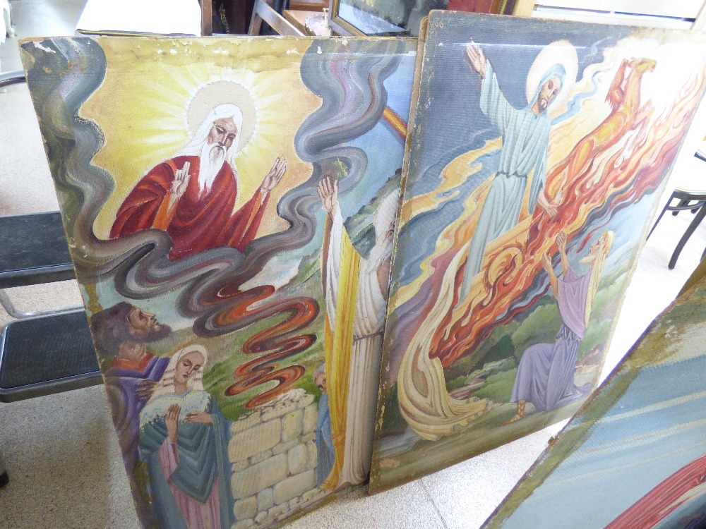 7 LARGE RELIGIOUS PAINTINGS ON BOARD