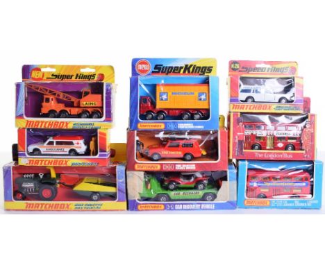 Nine Matchbox Superkings,K-2 Car Recovery,K-3 Mod Tractor and Trailer,  K-12 Scammell mobile crane, K-15 the Londoner Bus ‘Th