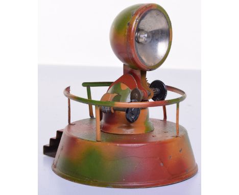 Pre War Elastolin Hausser Tinplate Coastal Defence Searchlight, with ridged glass lens, light bulb, mounted on coastal defenc