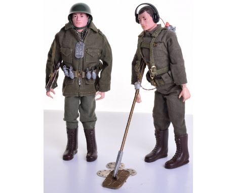 Palitoy vintage Action Man Combat Soldier on brown painted head fixed hands doll, jacket and pants, boots, helmet with chin s