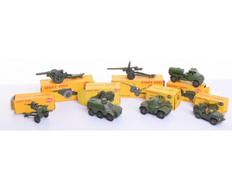 Seven Boxed Military Dinky Toys including:643 Army Water Tanker, one end flap missing from box,670 Armoured Car, 674 Austin C