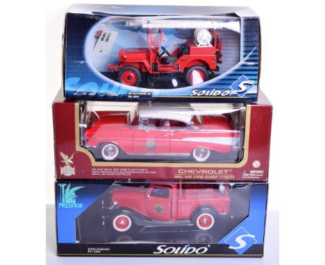 Solido 8026 Ford Beverly Hill Fire Department, Solido 8076 Willys Jeep Fire Engine and 1:18 Chevrolet Bel Air 1957 Fire Chief