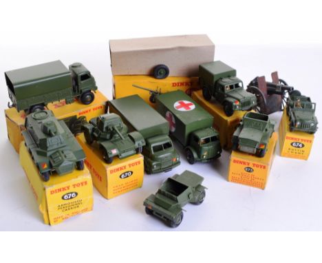 Ten Military Dinky Toys, including: boxed 623 Army Covered Wagon,641 Army 1 Ton cargo truck,670 Armoured car, 673 Scout Car, 