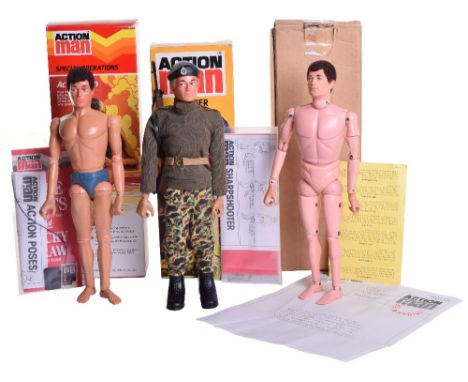 Three Boxed  Palitoy vintage Action Man, plain star scheme card box,flocked hair, gripping hands naked doll, with Action comm