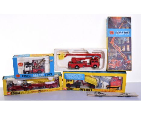 Corgi Toys GS2 Unimog Dumper and Shovel and three boxed Major toys, GS2 good condition, window box good, 1127 Simon Snorkel f