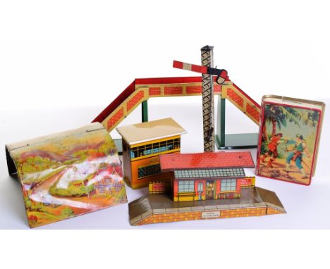 Chad Valley Pirate Tinplate Money Box, Wells London Tinplate Railway tunnel,Brimtoy 0 gauge Joytown No4 Signal box, Brimtoy R