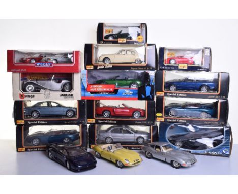 Sixteen Burago, Maisto, Solido  Jaguar Models, including Burago 1:18 scale SS100, 2 x E Type (1961) Maisto 1:18 scale, XKR, M