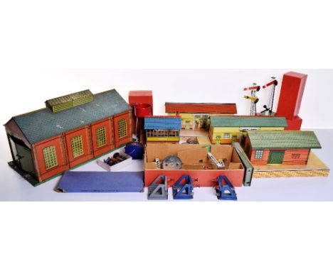 Hornby Series electric No.2 engine Shed and other track side buildings and accessories, engine shed fair to good condition, t