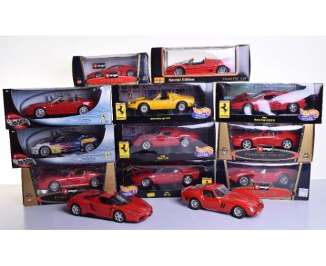 Thirteen Hotwheels, Burago, Maisto Ferrari Models, including Hotwheels 1:18 scale, 1984 Testarossa, 1964 250 Le mans,1984 GTO