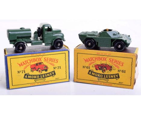 Two Matchbox Moko Lesney Military Vehicles Boxed regular wheels,61a Army Scout Car, military green, black plastic wheels, in 