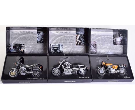 Three Minichamps  Classic Bike Models, 1:12 Scale Honda CB 750 candy gold, Triumph Rocket III black and Moto Guzzi 850 T3 all