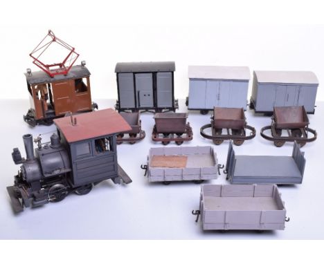Gauge I wood and tin model of an American 0-4-0 mountain train, with external and cab details, motor to underneath, 8 ¼” (21c
