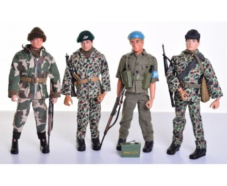 Palitoy vintage United Nations Peace Force Action Man, complete with webbing and SLR Rifle, on eagle eyed doll, three grippin