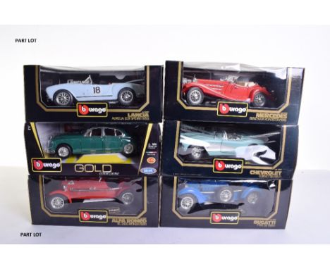 Ten Burago 1/18 Scale Diecast models, Jaguar Mark II,Alfa Romeo 8C 2300 Monza, Lancia Aurelia B24 Spider, Chevrolet Corvette,