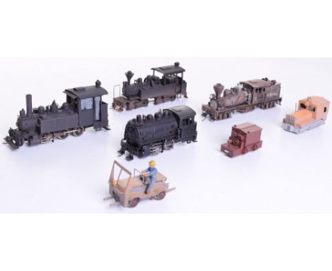 Brass HO scale model locomotives, Sakura of Japan, 0-4-0 Docksider black livery, Shay #7 weathered, 2-6-0 tank engine black, 