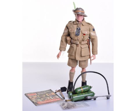 Palitoy vintage Action Man Soldiers of The Century Australian Jungle Fighter on blond painted head fixed hands doll, campaign