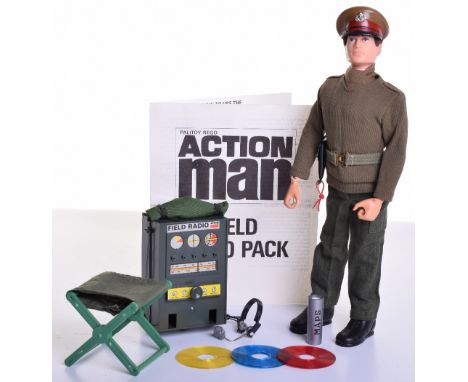 Palitoy Vintage Action Man Field Commander, jersey, scarf, trousers, officers cap, boots, belt, holster and pistol, on grippi