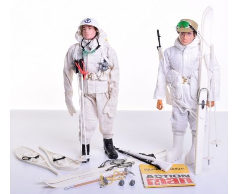 Palitoy vintage Action Man Snow Patrol  on brown painted head fixed hands doll, winter white camouflage two piece suit , skis