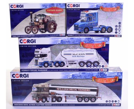 Three Corgi Hauliers of Renown Limited Edition Models,CC12834 Scania T Charlie Lauder, CC13760 Scania R Topline Feldbinder Mc