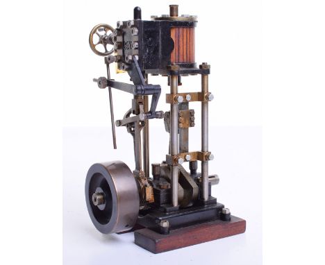 A small finely engineered model of a single cylinder four pillar inverted steam engine, top mounted wooden lagged cylinder, v