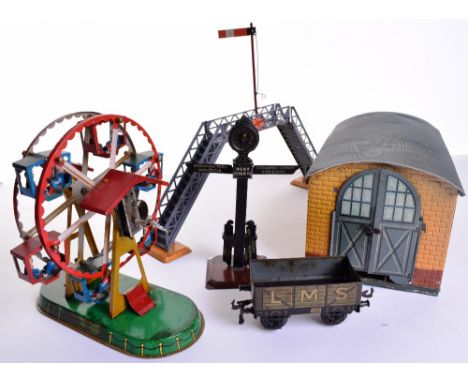 Bing 0 gauge Engine Shed, train destination pillar and footbridge, painted and tin printed single rail engine shed with brick