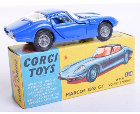 Corgi Toys 324 Marcos 1800 GT with Volvo Engine, blue body, two white stripes on bonnet, pale blue interior, wire wheels, in 