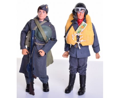 Palitoy vintage Action Man Battle Of Britain Pilot, on brown flocked hair, gripping hands, eagle eyed doll, flying helmet, ox