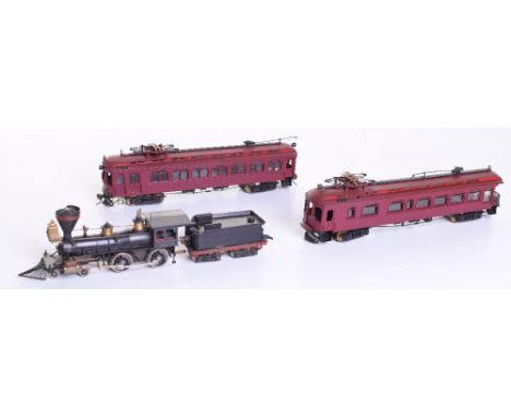 Three brass HO scale models trains, two-rail electric, two American type Tram cars and a 4-4-0 Baldwin type locomotive and te