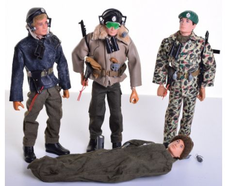 Palitoy vintage Tank Commander Action Man, complete on flocked hair gripping hands doll, three other dolls, dressed in unifor