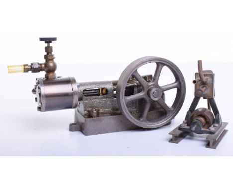 A model Stuart horizontal Mill engine, with single cylinder and side mounted valve chest, connecting rods and crankshaft with