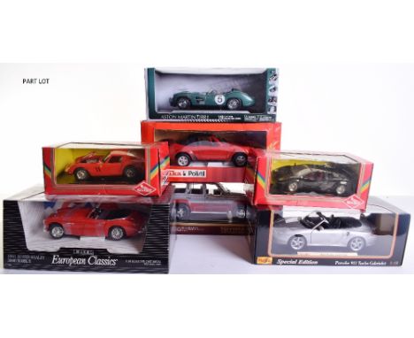 Eight 1:18 scale Models, including Ertl Austin Healey 3000 Mark II,Guiloy Mercedes C-111, Maisto Porsche 911, Muscle Machines