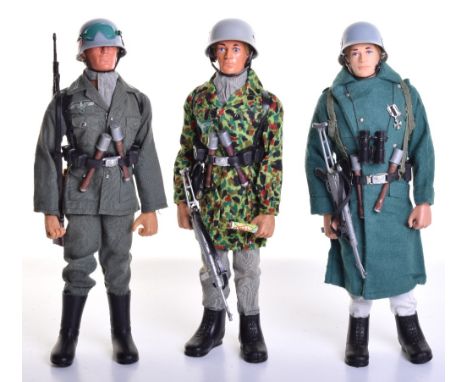 Three  Palitoy vintage Action Man German  Figures, German Stormtrooper, helmet, combat jacket, trousers, boots, Y harness equ