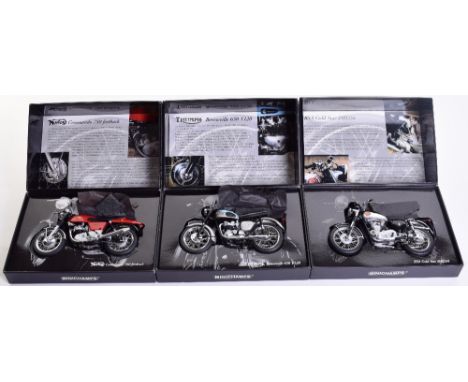 Three Minichamps  Classic Bike Models, 1:12 Scale Norton Commando 750 Fastback red, Triumph Bonneville 650 T 120 and BSA Moto