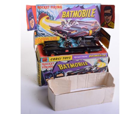 Corgi Toys  1st issue 267 Batmobile Boxed, gloss black, red bat hubs, blue tinted windscreens, with "Batman & Robin" figures,