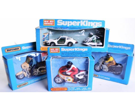 Four Matchbox Superkings,K-83 Police Harley Davidson, K-81 Barry sheen Suzuki Motorcyle, K-82 BMW and K-71 Porsche Police set