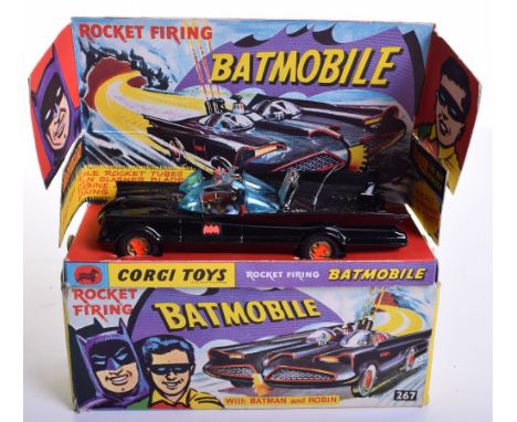 Corgi Toys  1st issue 267 Batmobile Boxed, gloss black, red bat hubs, blue tinted windscreens, with "Batman & Robin" figures,