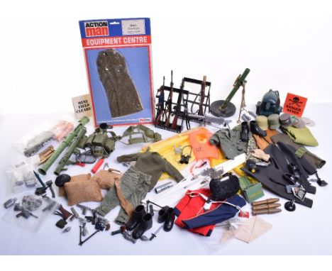 Palitoy vintage Action Man Clothes and accessories, including carded Equiptment centre 34279 British Greatcoat, machine gun o