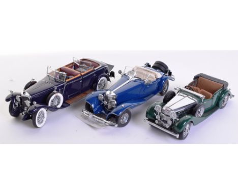 Three Franklin Mint Precision Models,1:24 scale, Mercedes Benz Model K, Mercedes Benz 500K and 1938 Alvis in near mint unboxe