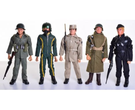 Five Palitoy vintage Action Man  Eagle Eyed Dolls , Airbourne Helicopter Pilot,S.A.S,  Tropical Uniform, USA uniform and cust