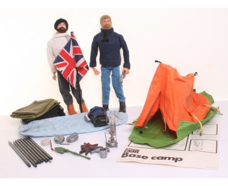 Palitoy Vintage Action Man Base Camp Set, Tent, flag, storm lamp, cooking stove, mug, mess tins x 2, entrenching tool, flare 
