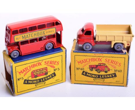 Two Matchbox Moko Lesney Boxed regular wheels, 5b London Bus, red body, grey plastic wheels ‘Buy “Matchbox” decals in near mi