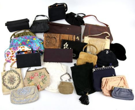 A collection of assorted vintage bags including evening bags, leather and tapestry bags.    