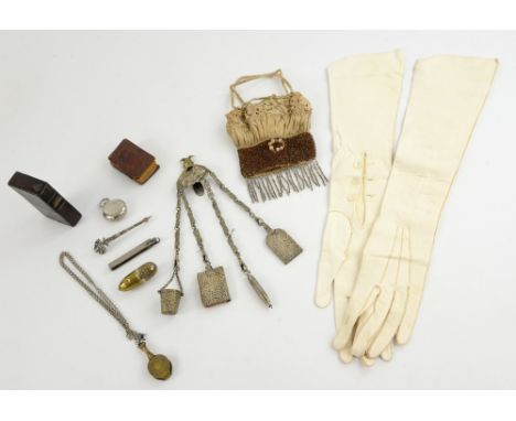 A collection of small items, including a silvered metal chatelaine with aide memoir, pencil, thimble and pin cushion attachme