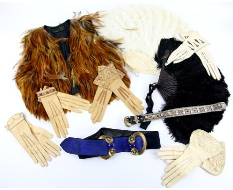 Christian Dior belt with heavy gilt metal buckles, two Ostrich fans in cream and black, five pairs of kid leather gloves most