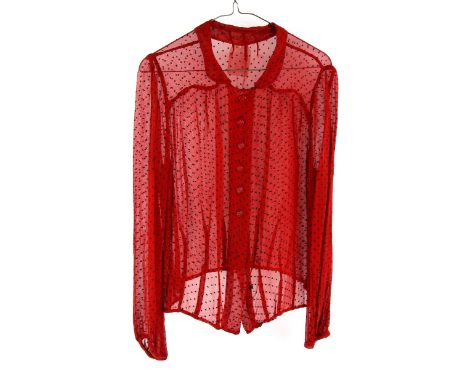 Red chiffon blouse with velvet polka dot, a pink blouse, a pink blouse and a pink twinset  labelled Meridian, all 1930-40's P