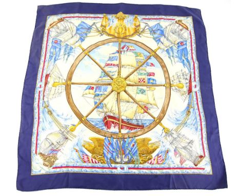 Vive le Vent” (Long live the wind) nautical theme Hermes silk scarf designed by Lawrence Thioune (1992) with blue border(88 x