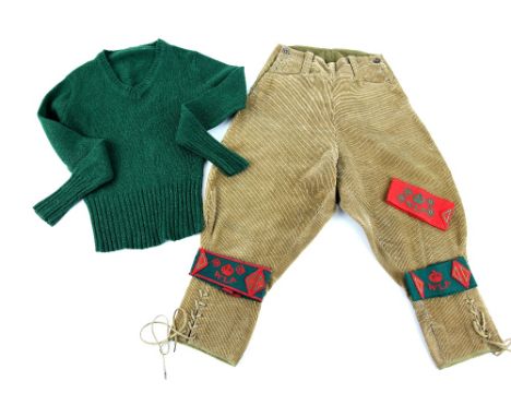 Ladies land army , brown cord britches, green woollen jumper, and three felt WLA armbands  Provenance : Collection from Hinwi