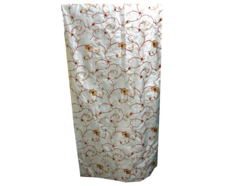 A pair of raw silk lined curtains with 18th C style  floral embroidered design and velvet detail200cm drop x 82cm wide.    CO